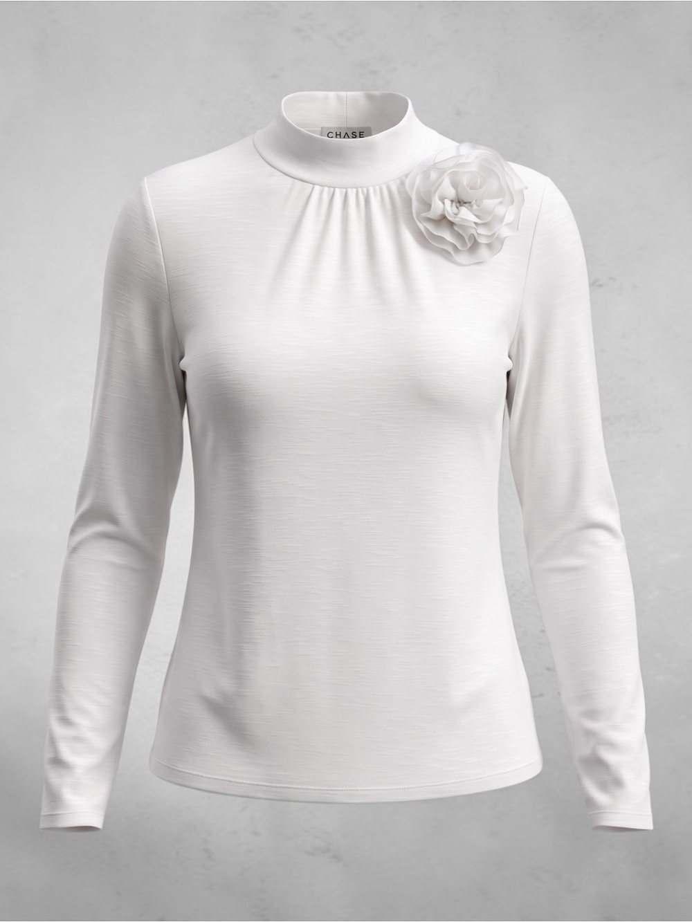 NWT CHASER White Mock Neck Long-Sleeve Top with 3D Flower Accent, S/M